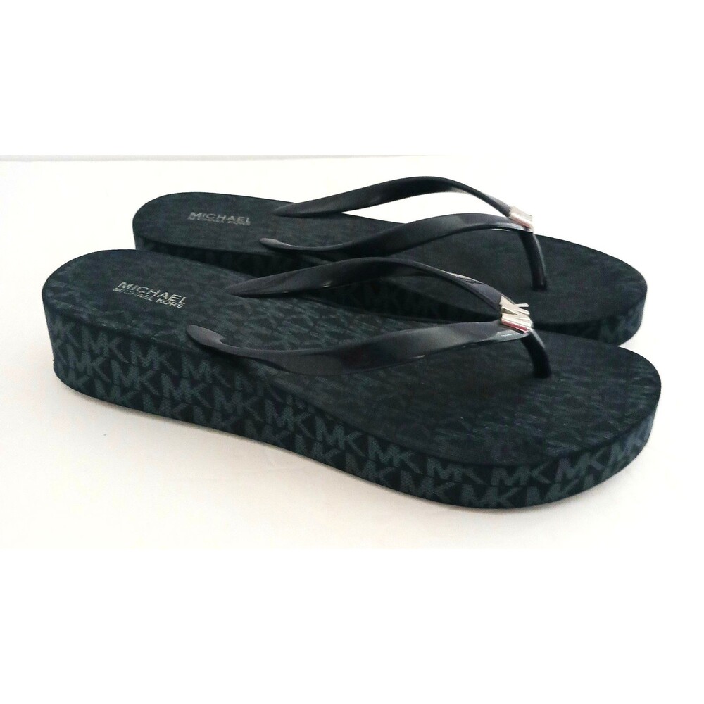 Michael Kors Jet Set Platform Wedge Flip Flop Navy w Silver MK Logo 9.5-10M